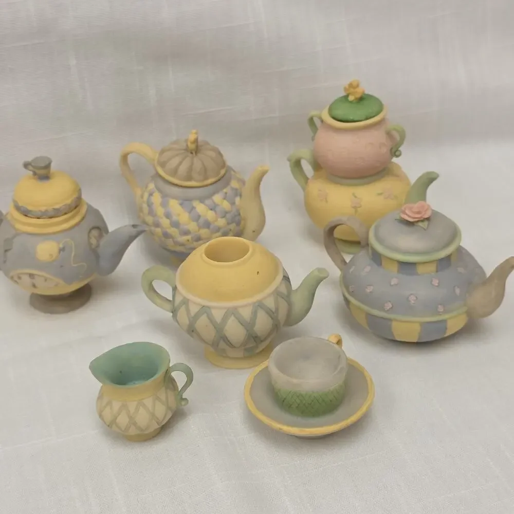 Russ Berrie Miniature Resin Teapot Tea Set Mixed Lot 8 Pc Dollhouse Fairy Garden